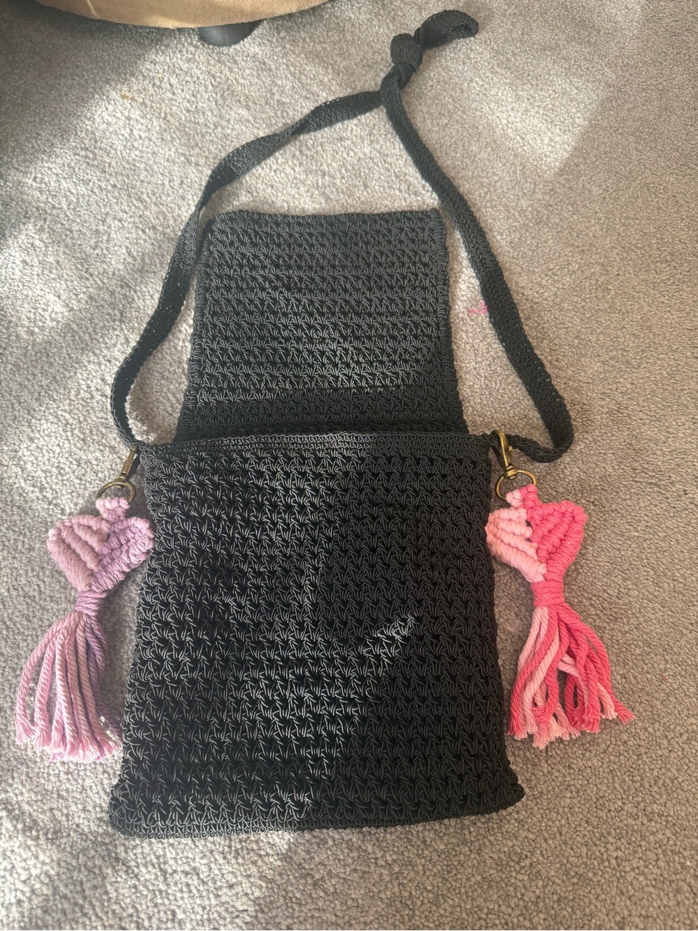 Black Crochet Crossbody Bag with Pink & Lavender Tassels - Picture 3 of 8